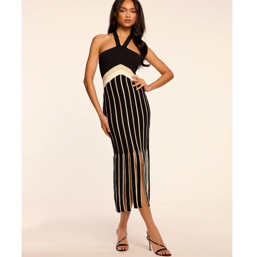 Ramy Brook Black and Cream Striped Midi Dress